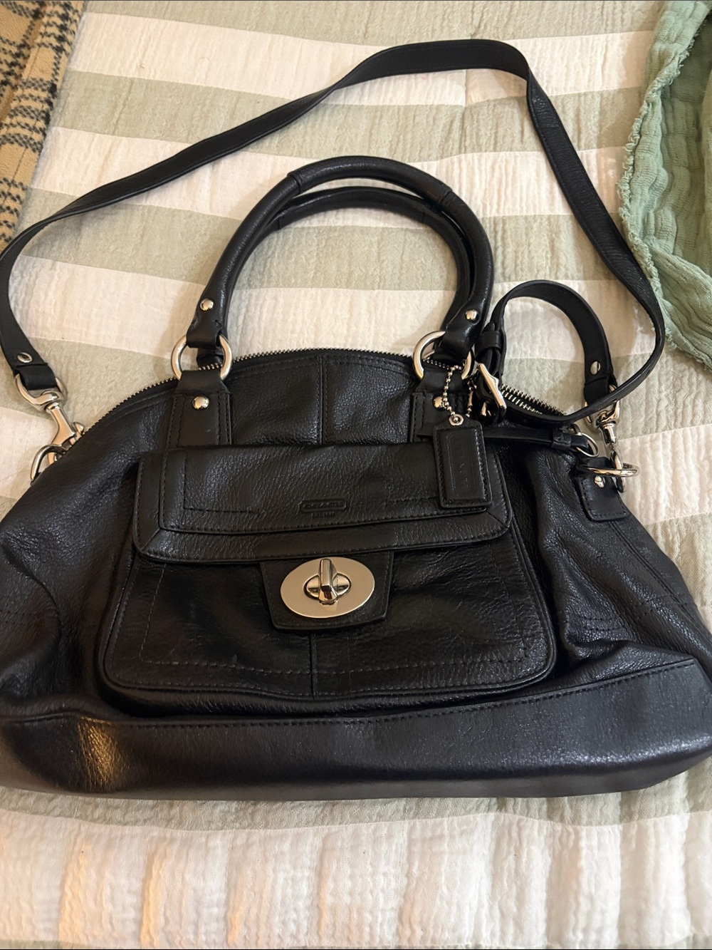 Coach Black Leather Satchel with Turn-Lock Front Pocket and Top Handles